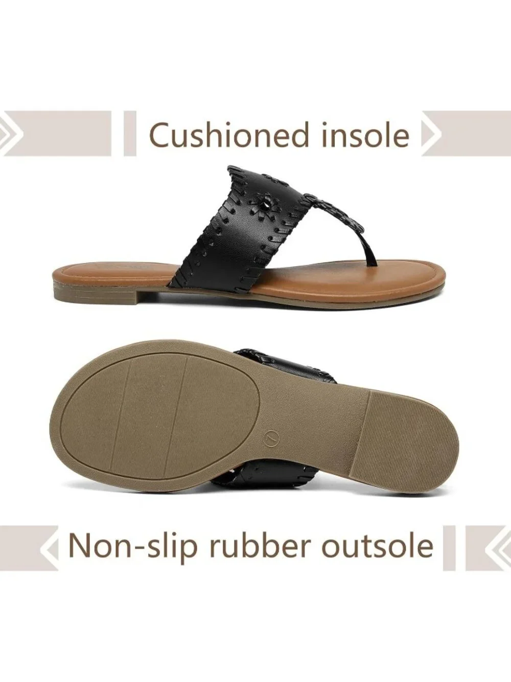 Women's Black Flats Wide Band Flip Flops Cushioned Insole Summer Brunch Sandals